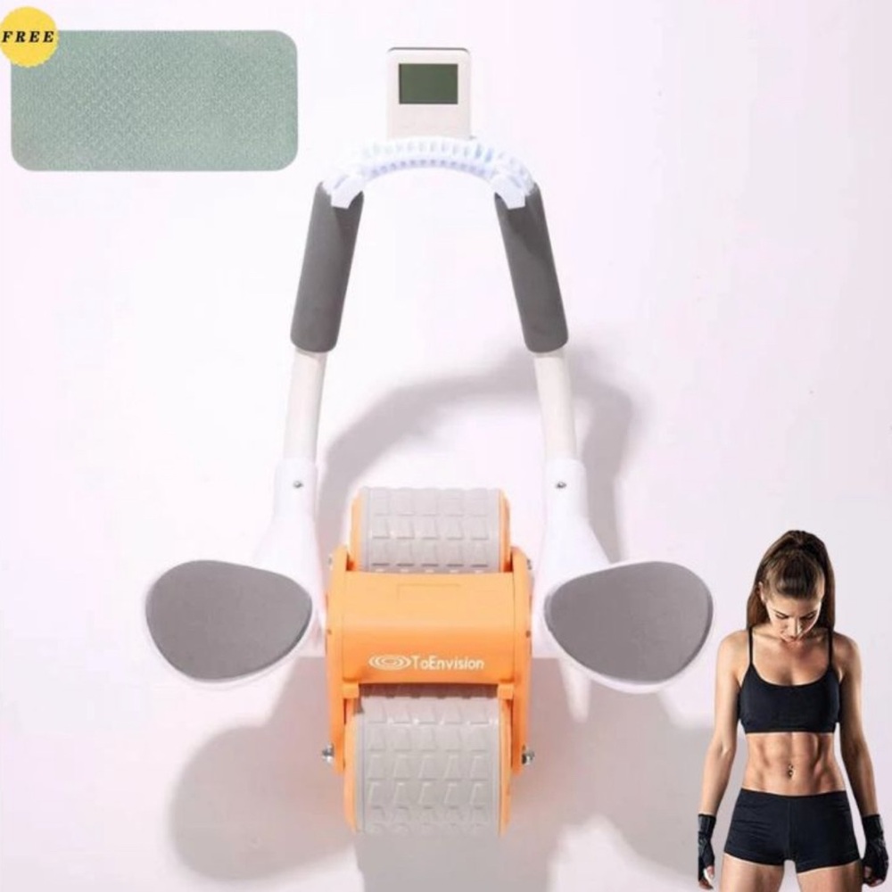 Ab roller with elbow support, includes knee pad and timer.
